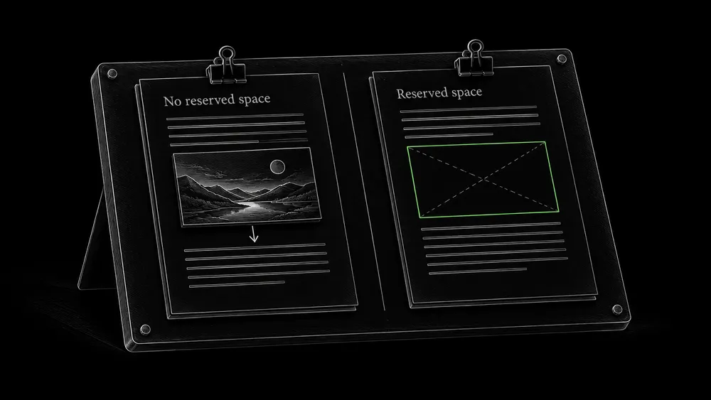 Two page models compare an image arriving without reserved space and an image fitting into a reserved frame.