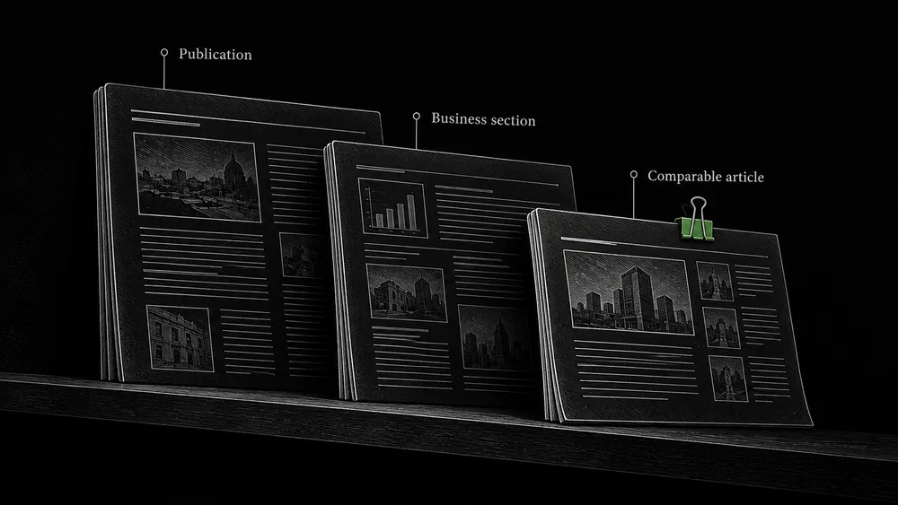 A publication overview leads into its relevant section and then to a comparable article, where the assessment is focused.
