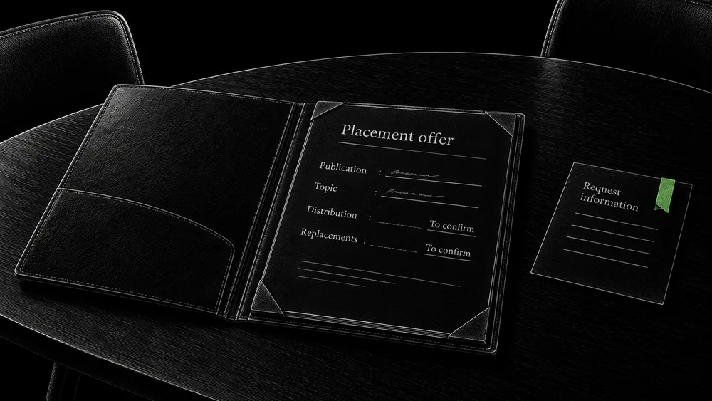 A proposed placement has its publication and topic recorded, while distribution and replacement conditions remain marked To confirm.