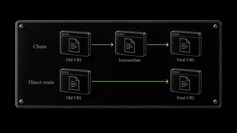 A route diagram compares Old URL to Intermediate URL to Final URL with a direct Old URL to Final URL route.