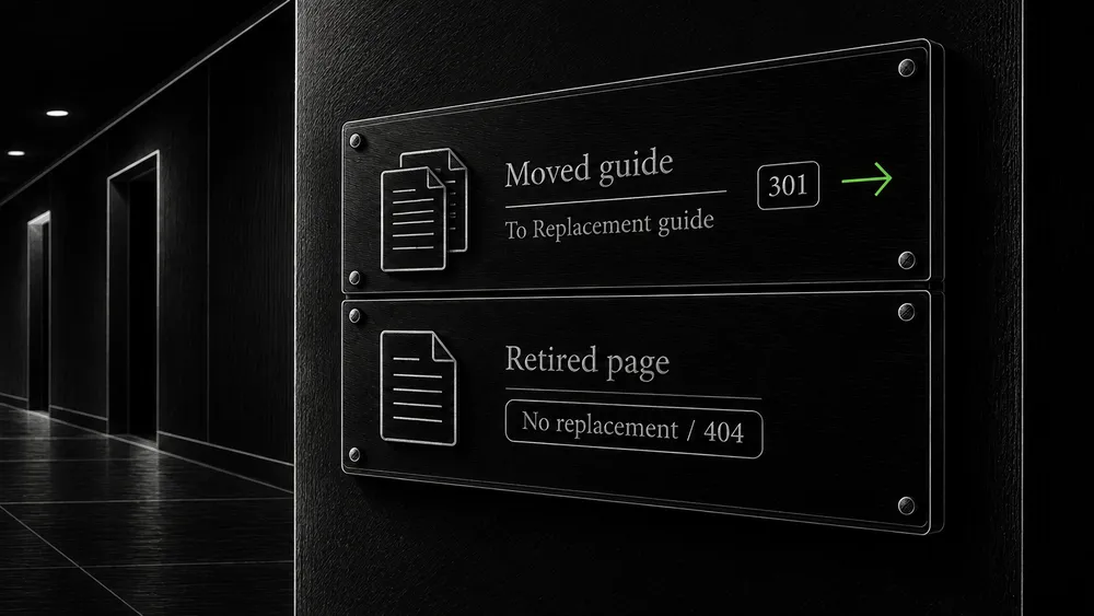Two engraved route examples show a moved guide reaching its replacement and a retired page returning a missing-page response.