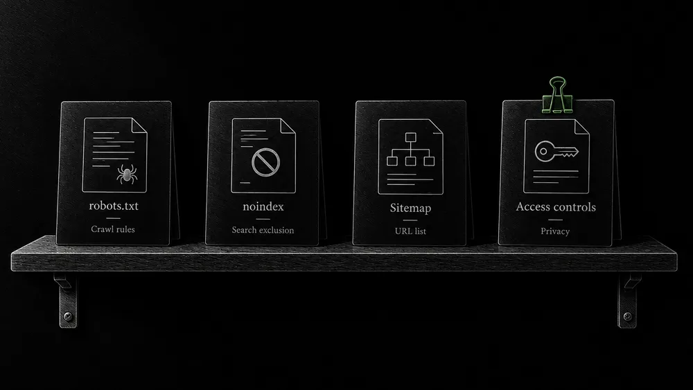 Four engraved reference cards pair robots.txt with crawling, noindex with search exclusion, a sitemap with URL discovery, and access controls with privacy.