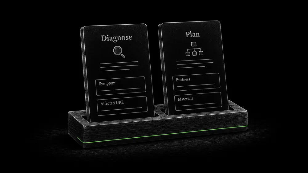 A diagnostic guide asks for the symptom and affected URL, while a planning guide asks about the business and available materials.
