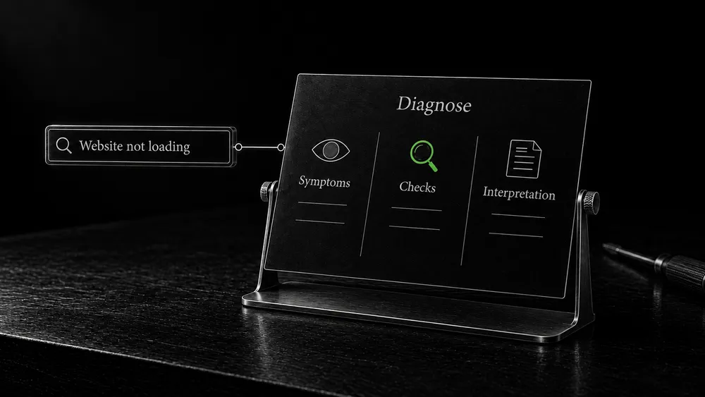 A Website not loading search leads to a diagnostic guide organized around symptoms, checks, and interpretation.
