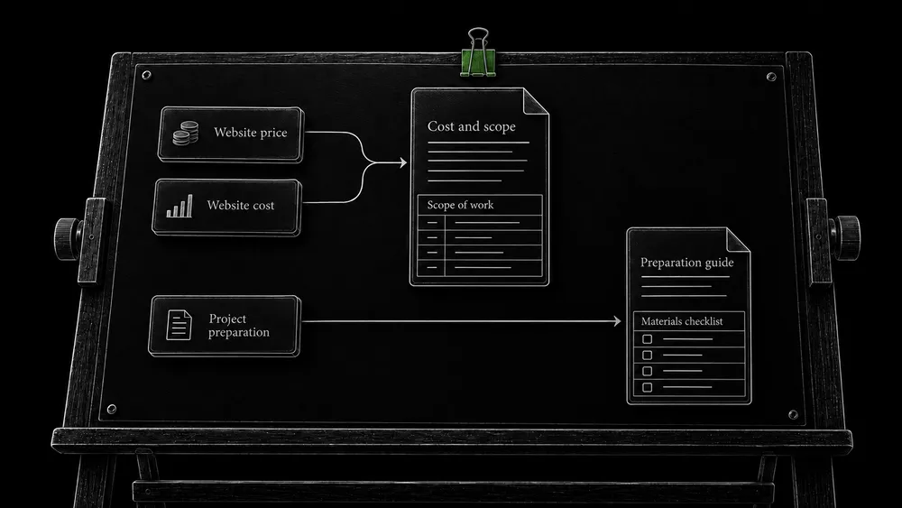 Website price and Website cost share one answer, while Project preparation points to a different guide.