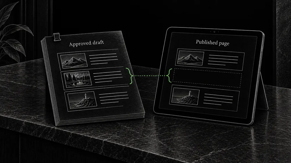 A printed approved draft and a tablet page are compared, revealing a missing content block in the published layout.