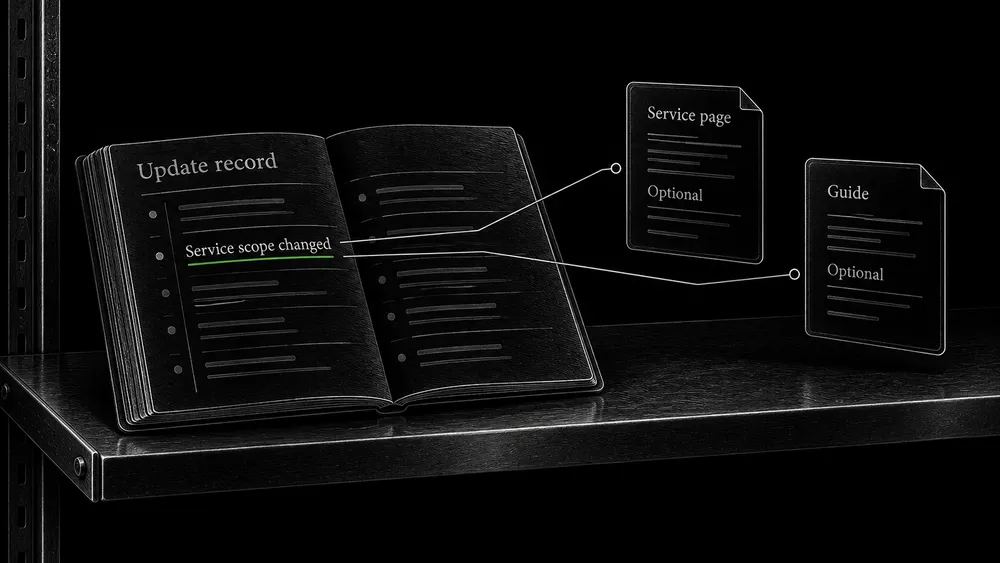 A revision log connects an updated service inclusion to the affected guide and service page.