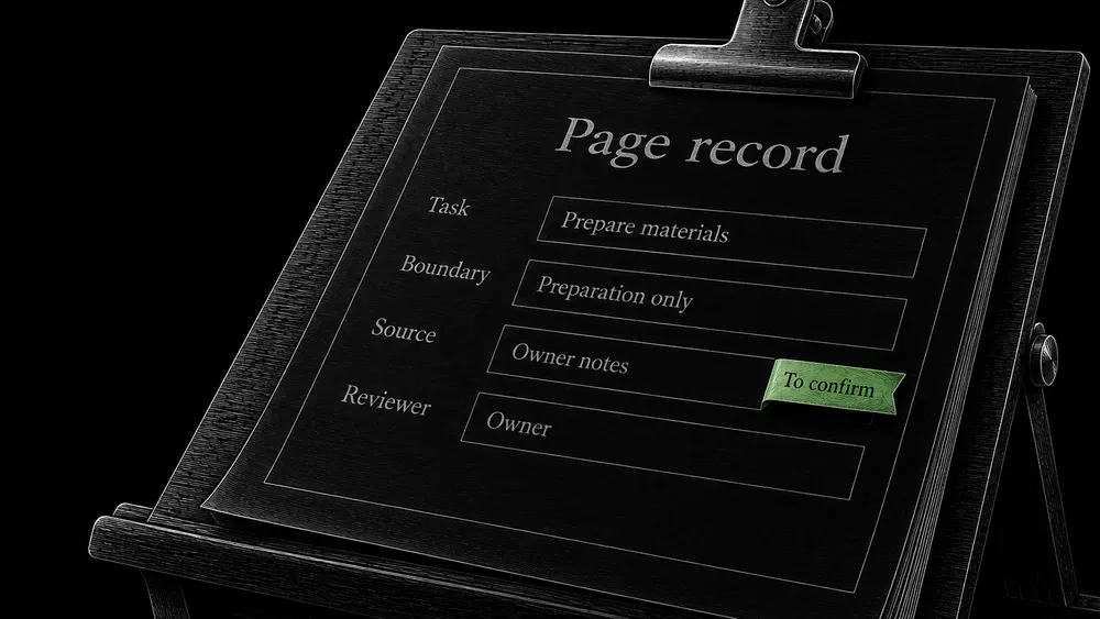 A page register shows the reader task, page boundary, source requirement, and review owner, with a missing fact marked To confirm.
