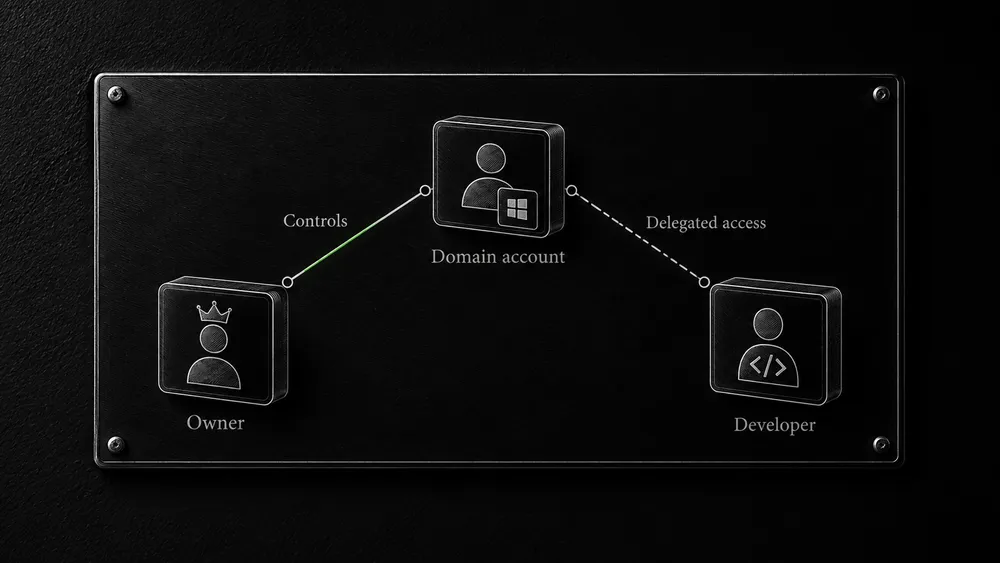 A domain account connects to its owner and delegated developer access through clearly labeled relationships.