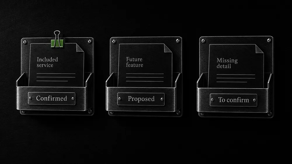 Three clearly labeled claim slips separate confirmed service inclusions, proposed features, and details still needing confirmation.