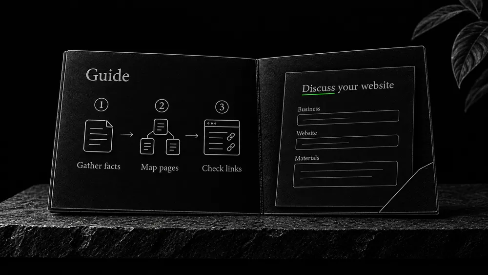 An open guide explains the task before a small inquiry panel asks for the business, current website, and available materials.