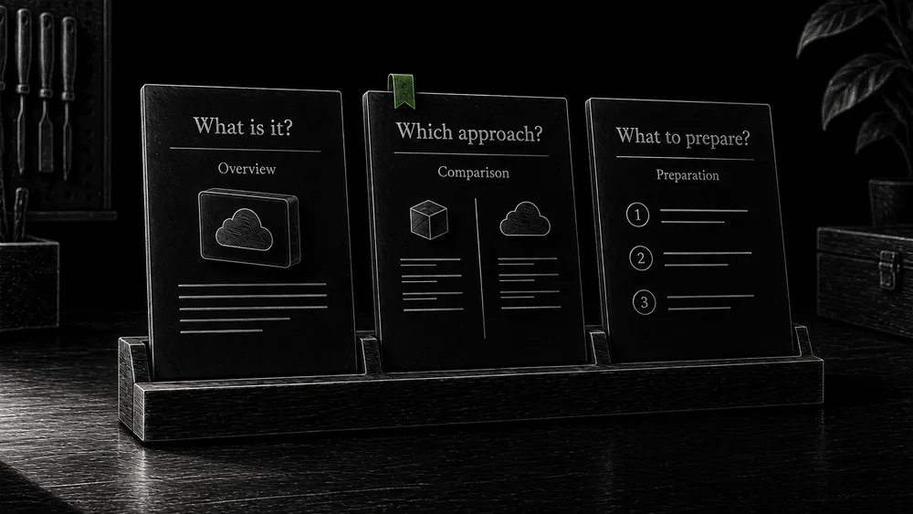 Three page panels connect a customer question to an overview, a comparison, and a preparation checklist.