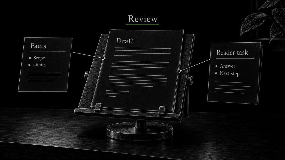 One draft receives two separate review notes: business facts and whether the reader’s task is answered.