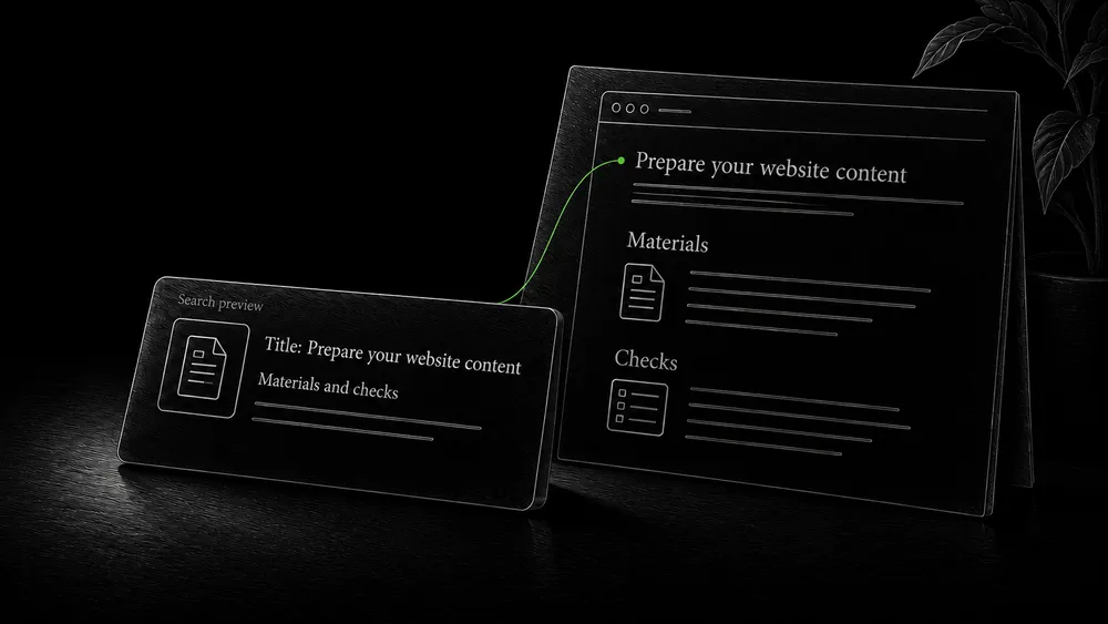 A search-preview card and an open article share the topic Prepare your website content and the same practical promise.