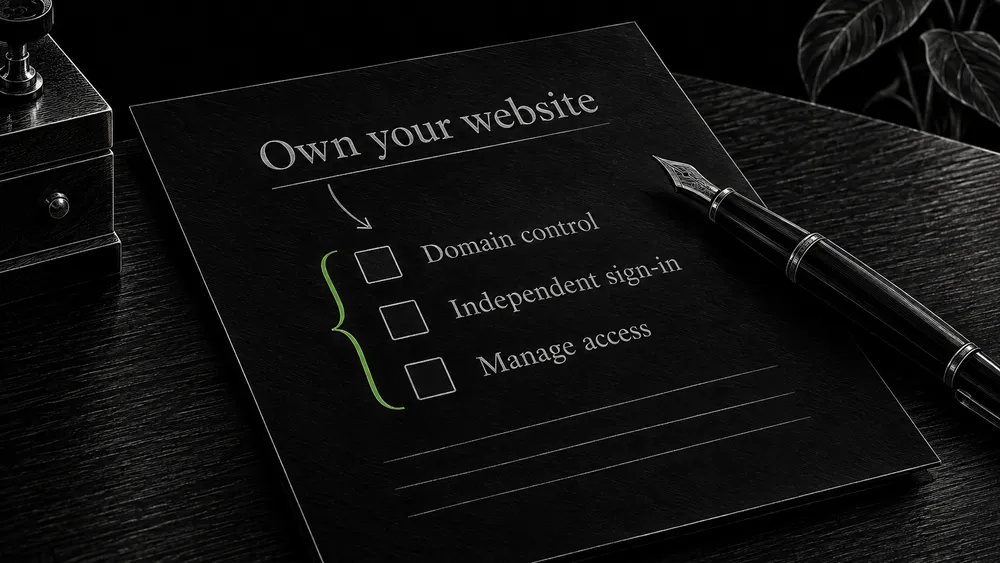 A vague Own your website note is expanded into checks for domain control, independent sign-in, and access management.