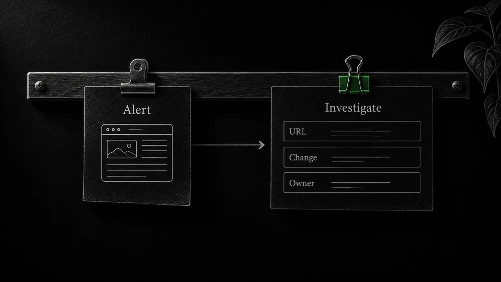 An alert card moves to an investigation ticket with fields for the affected URL, observation, and response owner.