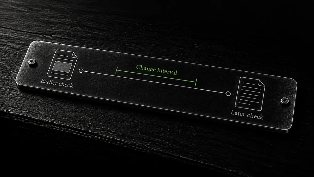 A timeline places a page change between an earlier recorded check and a later check that detected a difference.