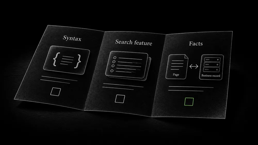 A validation sheet separates syntax and vocabulary, supported search-feature requirements, and agreement with visible business facts.
