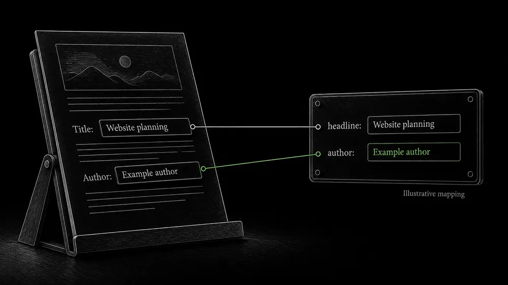 The visible article title and author connect to matching headline and author fields in a structured-data panel.