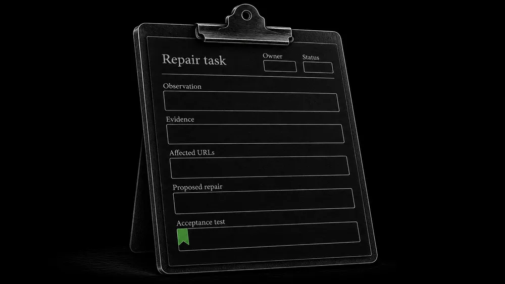 A repair work order contains fields for the observation, evidence, affected URLs, proposed repair, and acceptance test.