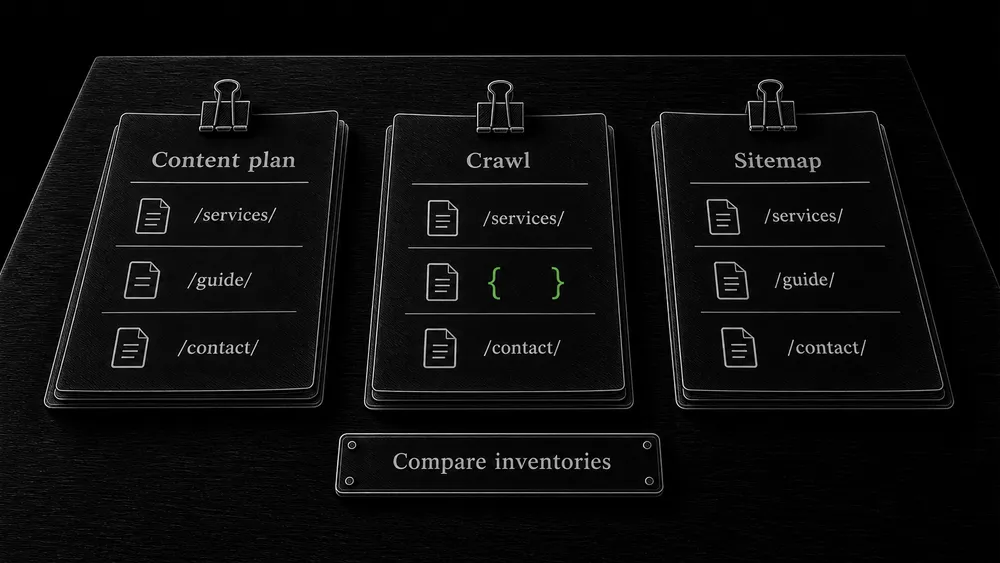 Three index sheets labeled Content plan, Crawl, and Sitemap are aligned to compare the same URL inventory.