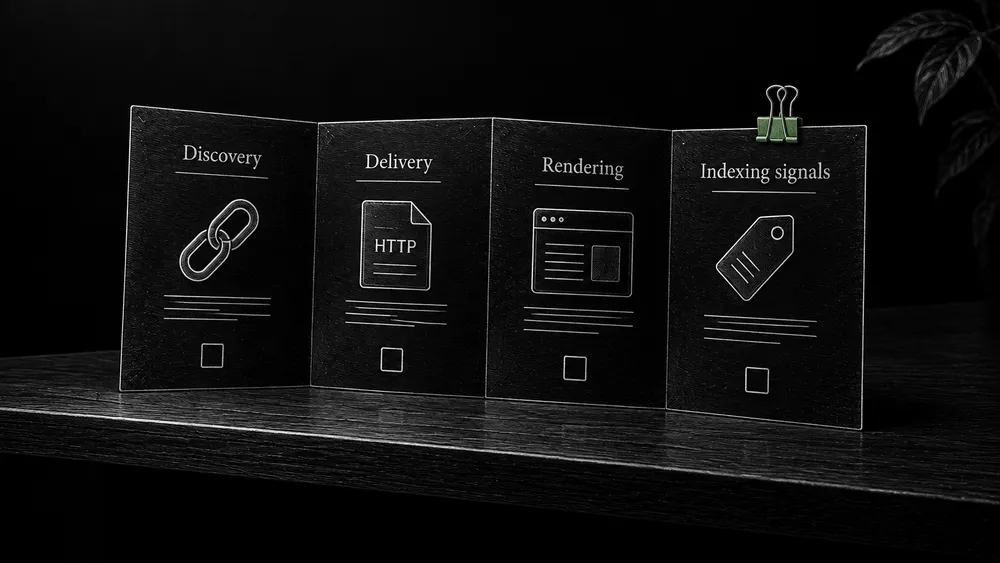 A fold-out inspection strip presents Discovery, Delivery, Rendering, and Indexing signals as four separate checks.
