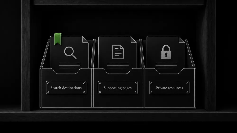 A three-section document organizer separates search destinations, supporting pages, and private resources.