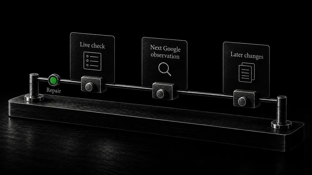 Three dated evidence holders distinguish the live repair, the next Google observation, and later regression checks.