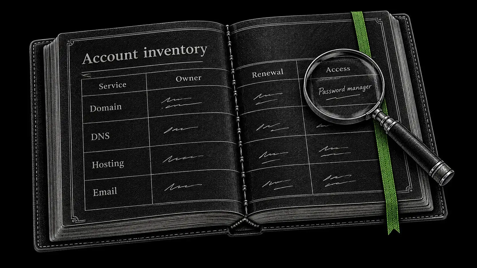 A project inventory lists service providers, account owners, renewal dates, and references to securely stored credentials.