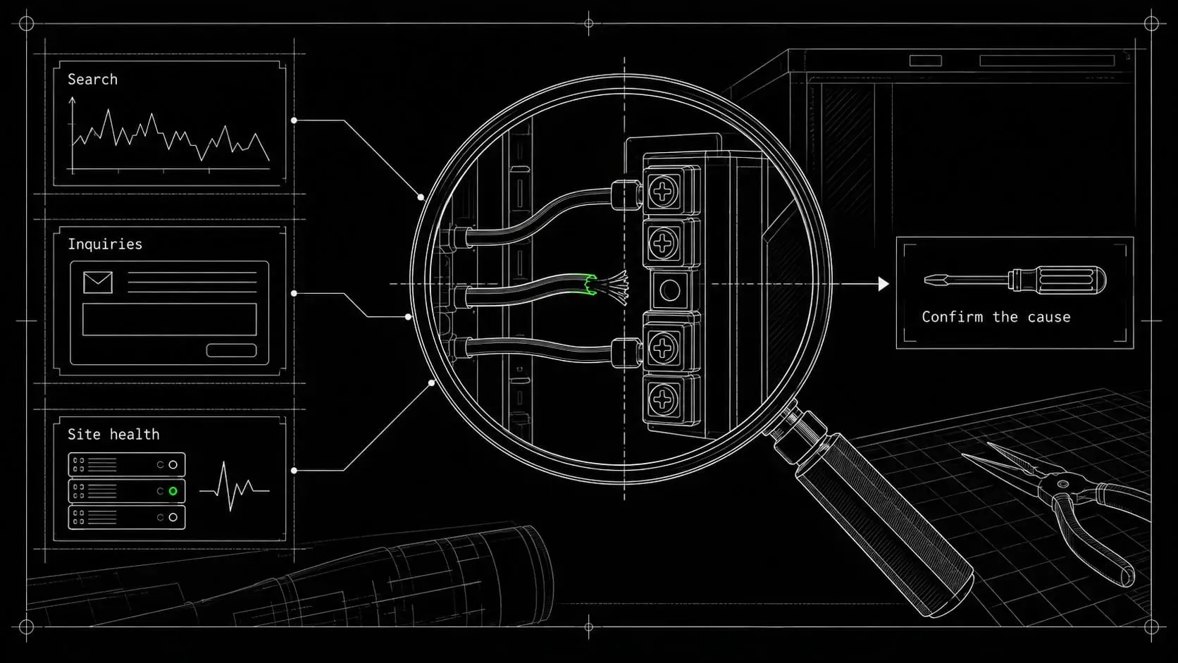 Search, inquiry, and site-health evidence lead to an inspection of a broken connection before repair.