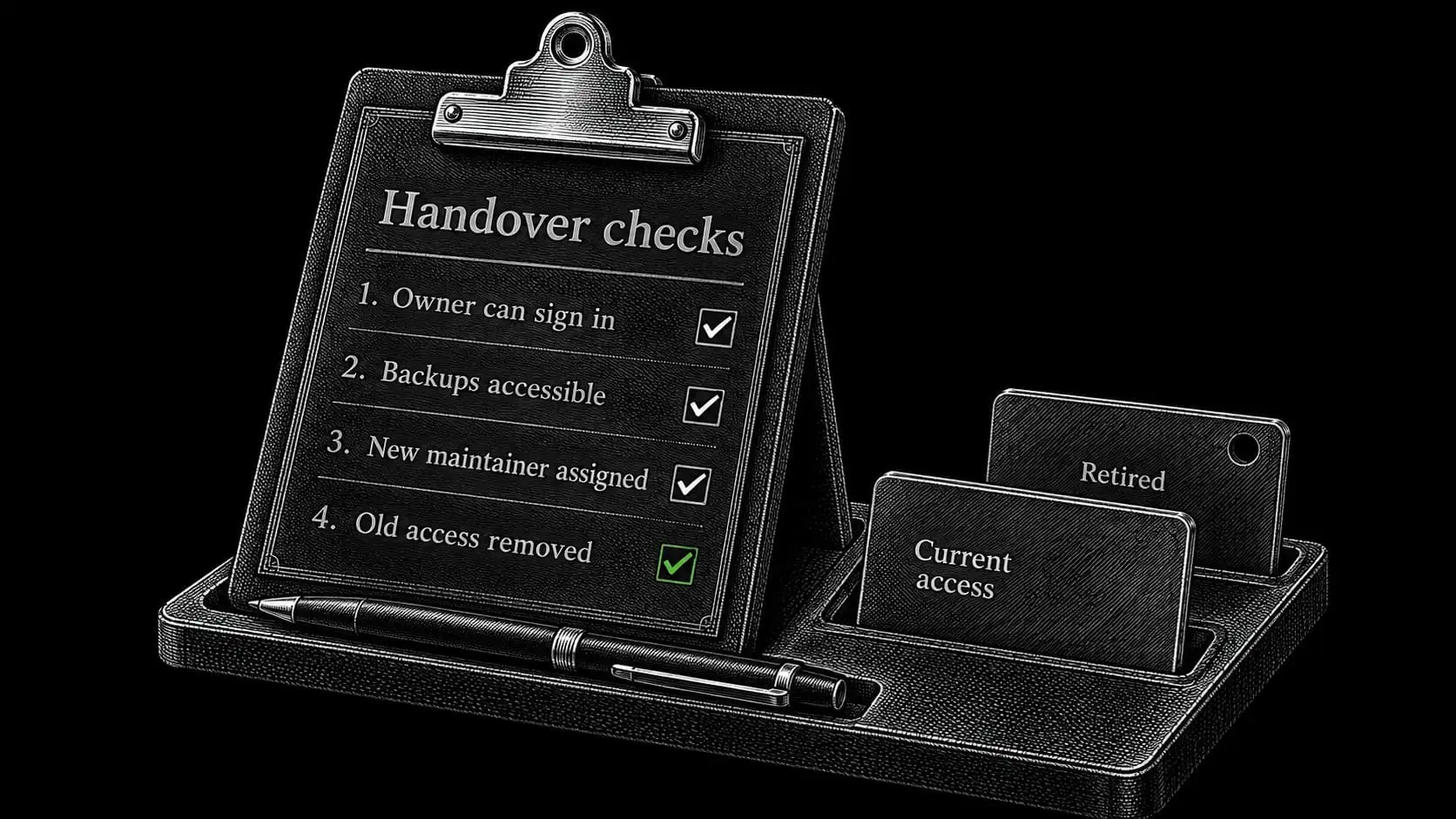 A handover checklist records owner access, backup availability, a replacement maintainer, and removal of obsolete permissions.