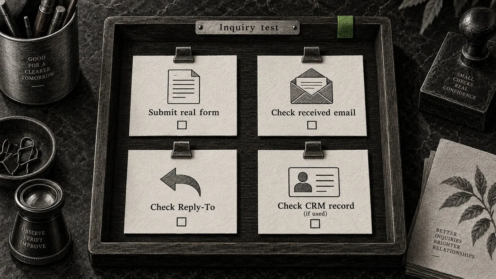 A technical notebook lists checks for a real form submission, the received email, Reply-To, and an optional CRM record.