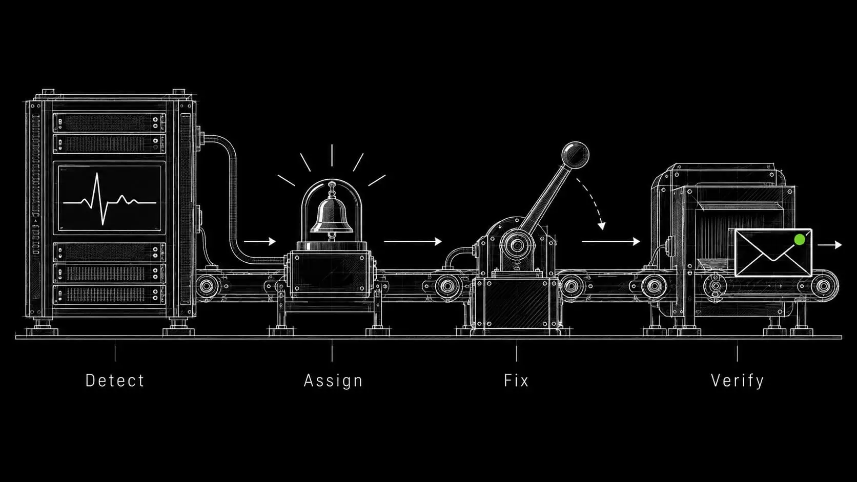 A technical workflow connects detection, assignment, repair, and verification of message delivery.