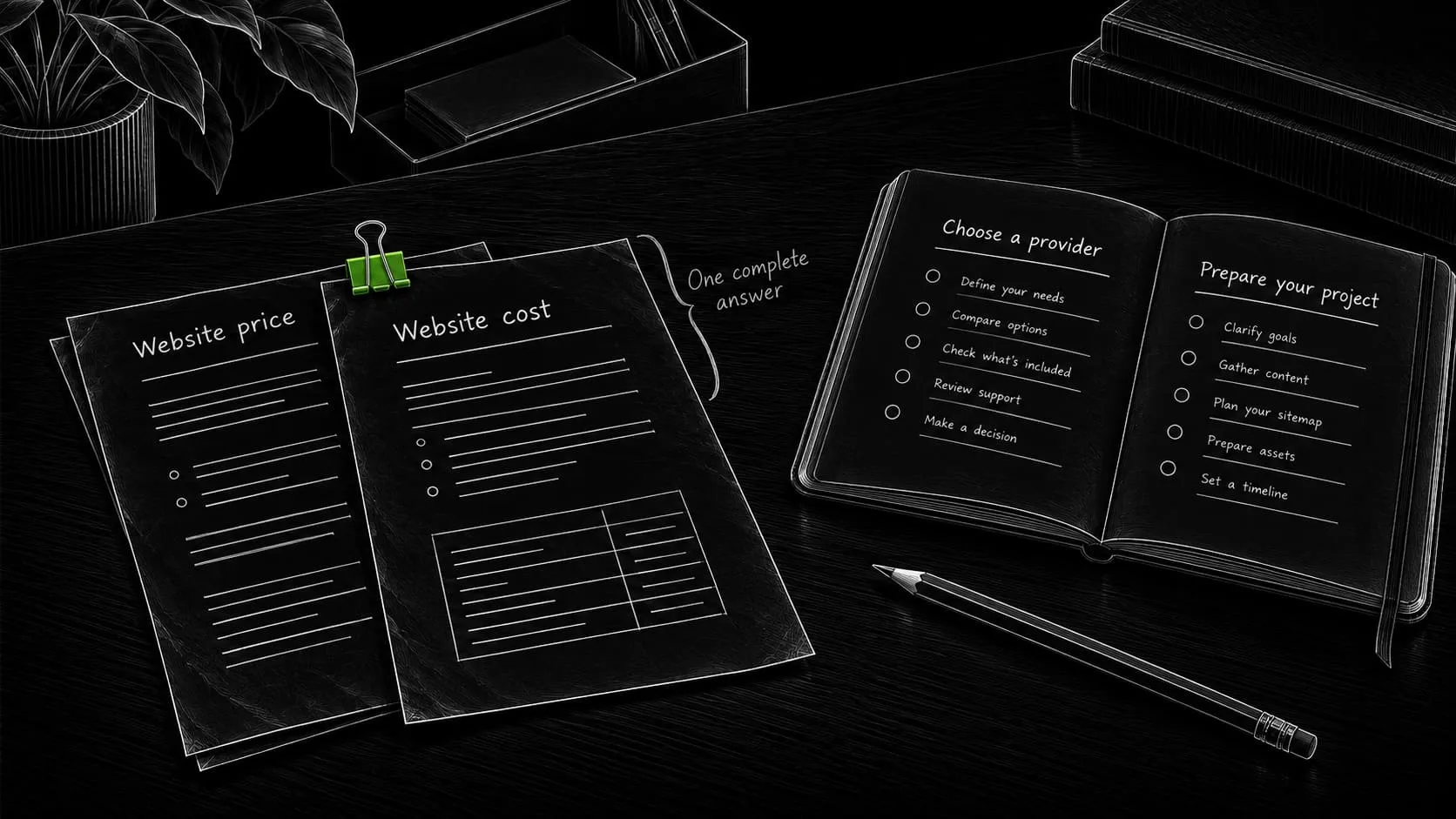 Overlapping page outlines combined into one page, alongside a broad outline divided into two distinct tasks