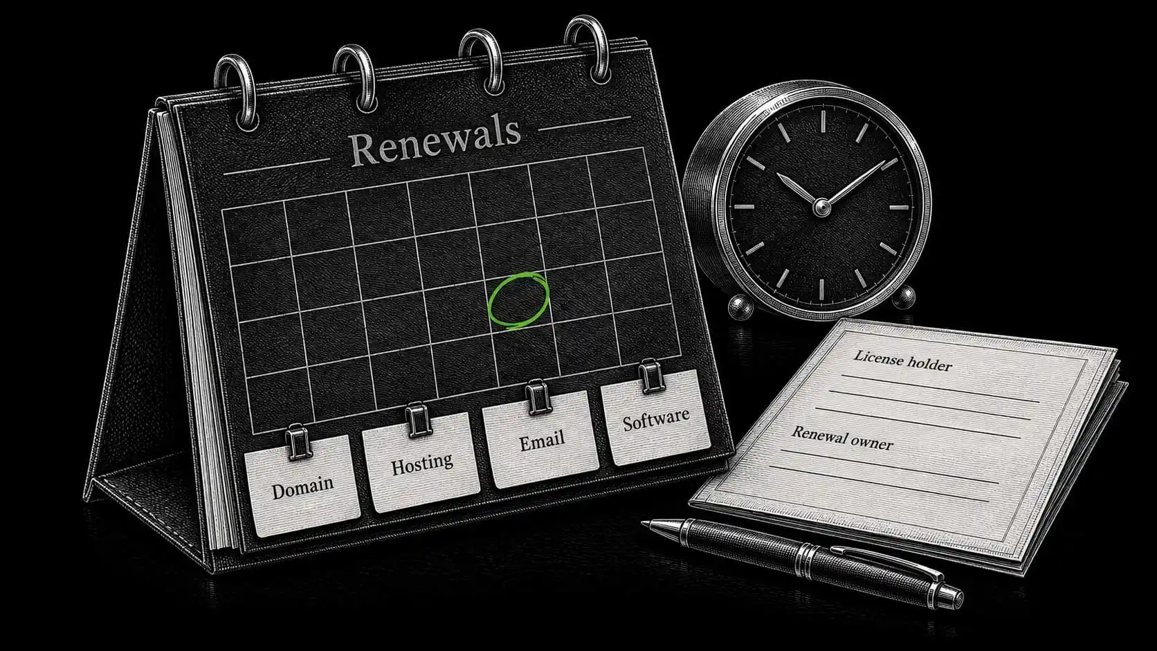 A renewal calendar sits beside records for domain, hosting, email, and software subscriptions.