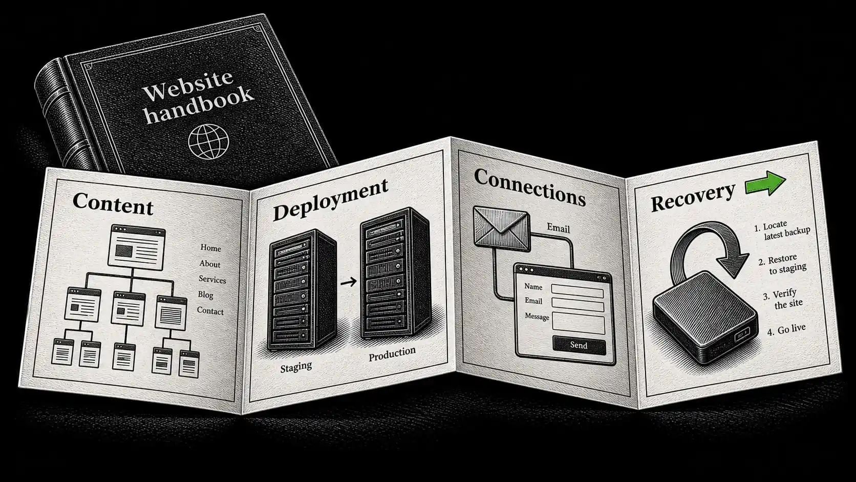 A website handover pack contains the content structure, deployment notes, integration records, and backup instructions.
