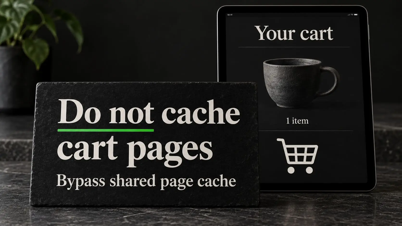A shopping cart on a tablet beside a sign reading Do not cache cart pages and Bypass shared page cache.