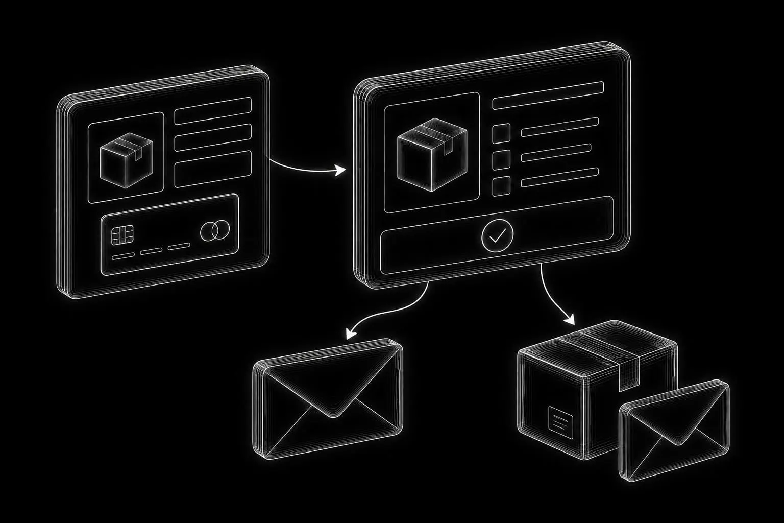 A completed checkout producing an order record, a customer email, and a fulfillment notification