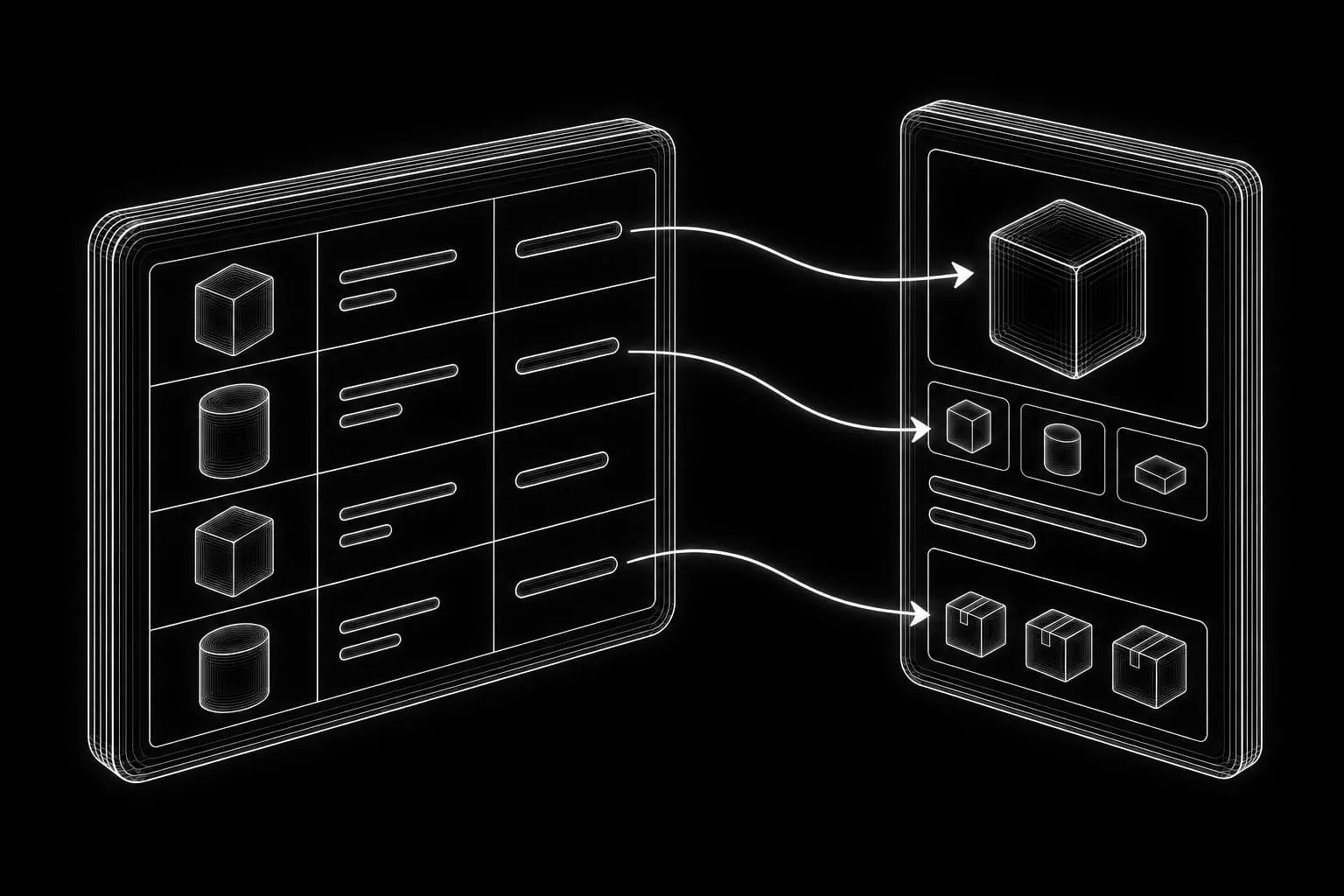 Rows from a structured product sheet mapped to product images, attributes, and stock fields
