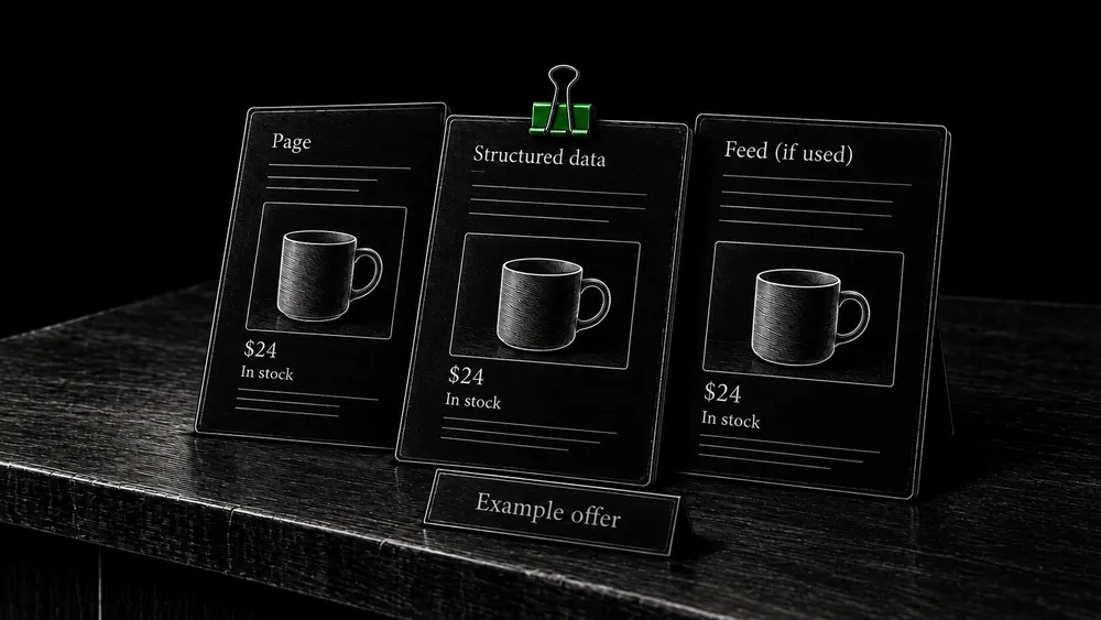 Three product proof cards show the same ceramic cup, price, and availability for the page, structured data, and feed.