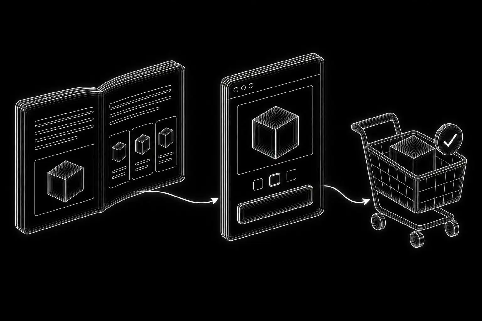 A buying guide leading to a product page and a completed shopping cart