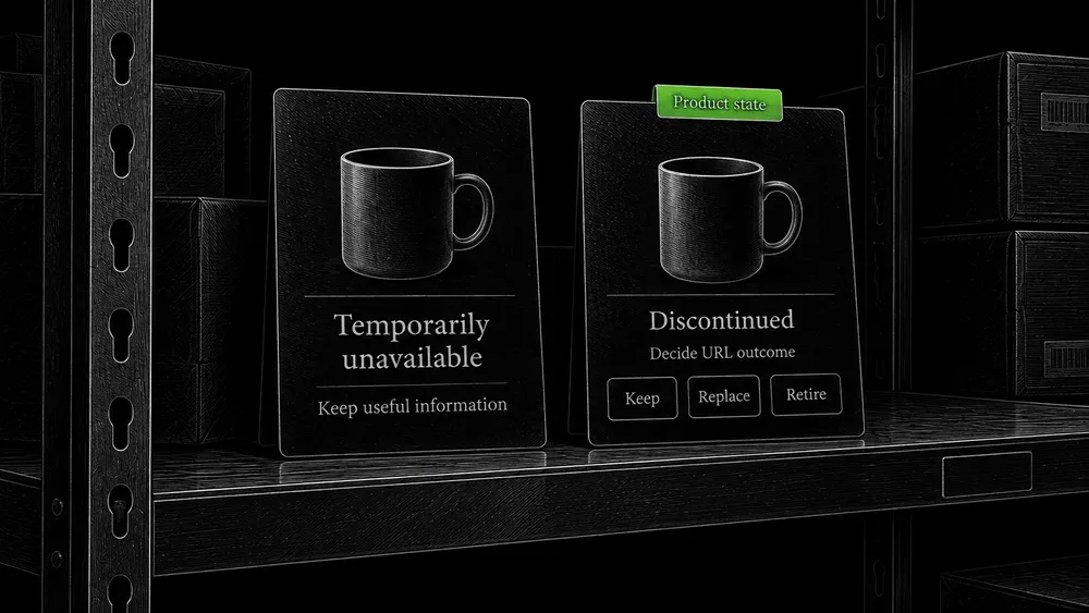 Two inventory cards distinguish a temporarily unavailable product from a permanently discontinued product requiring a URL decision.