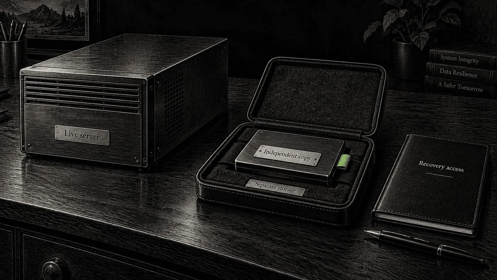 A backup console lists WordPress files and database beside a recovery notebook with server, DNS, and external-service records.