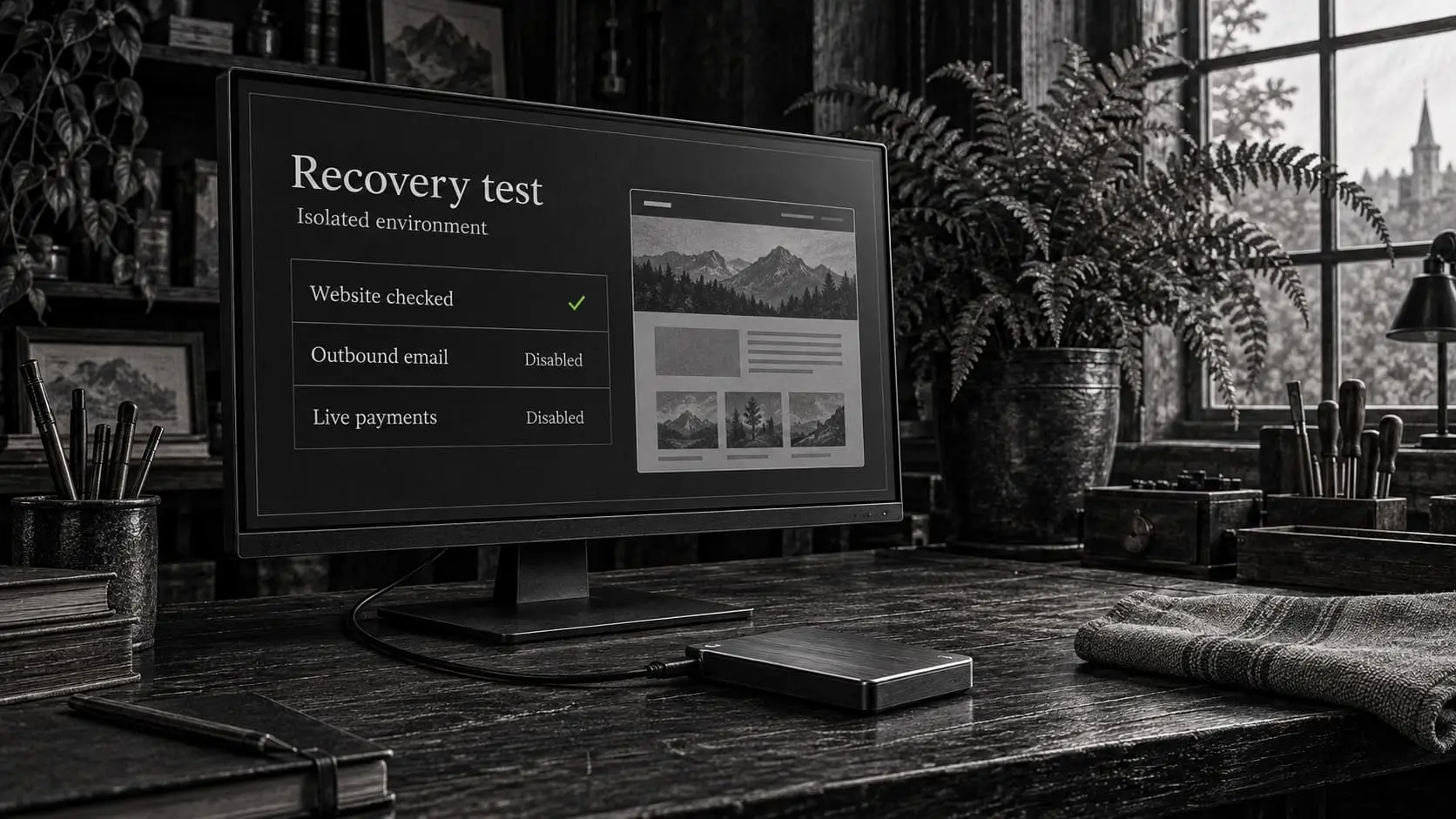 A restored website is checked in an isolated test environment with outbound email and live payments disabled.