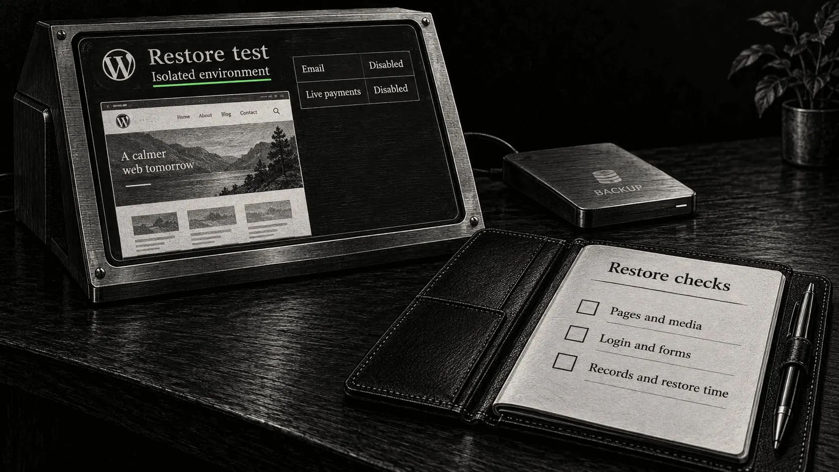 A recovery console shows a website preview in an isolated environment beside a restore checklist with email and payments disabled.