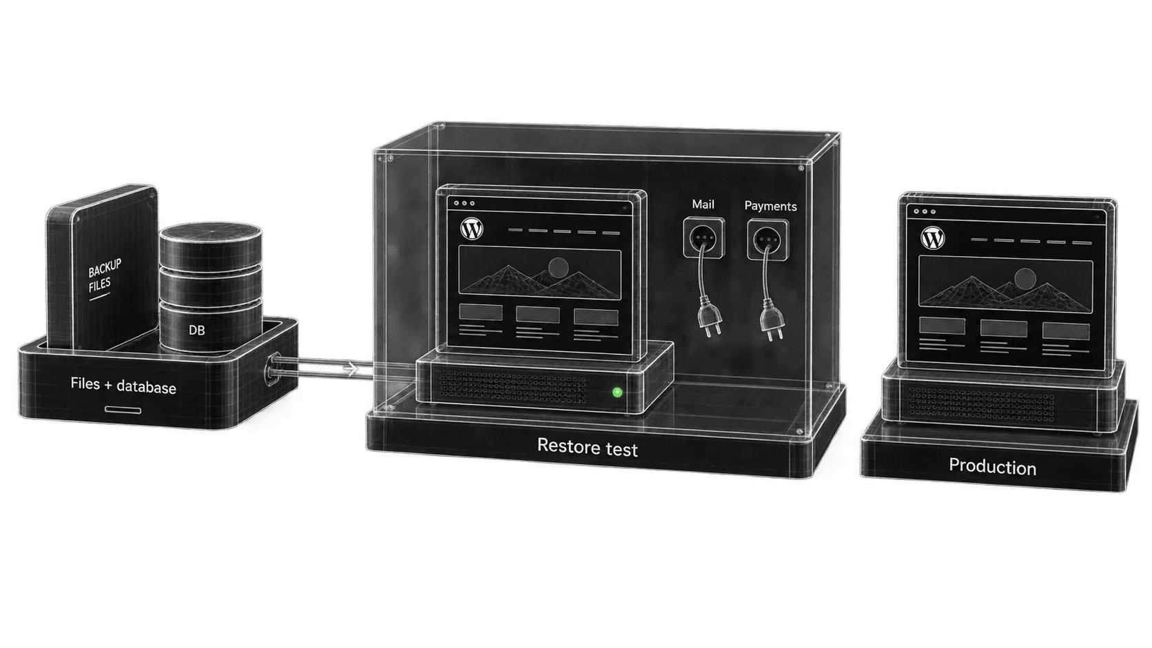 Files and database backups restore a website inside an isolated test environment with mail and payment connections disconnected.