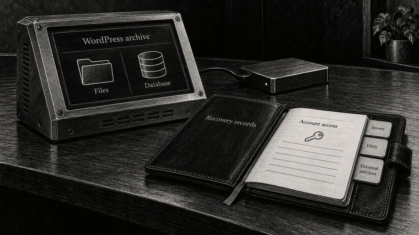 A live server and a separate backup drive sit apart on a technical bench, with the drive labeled Independent copy.