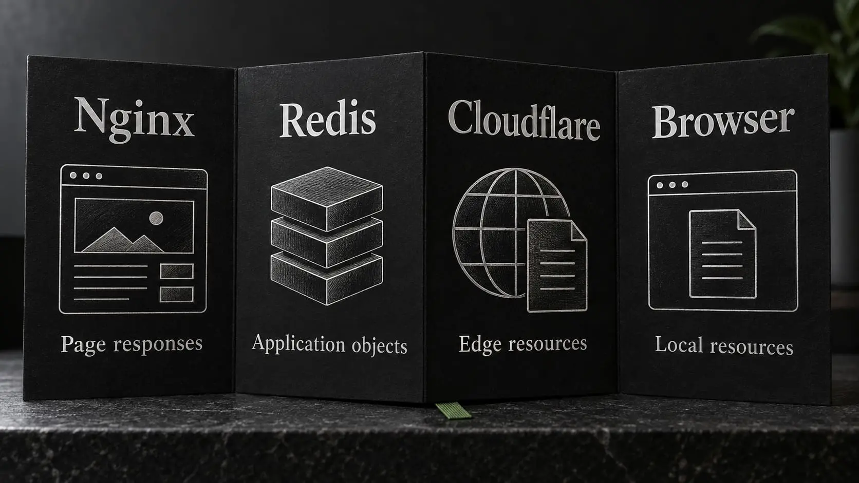 An open four-panel booklet compares Nginx page responses, Redis application objects, Cloudflare edge resources, and browser local resources.