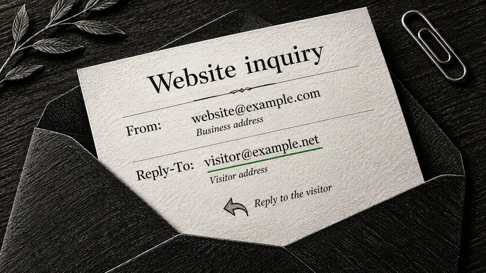 A mail settings console shows From as website@example.com and Reply-To as visitor@example.net.