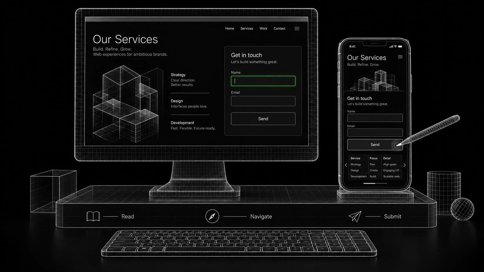 A desktop and phone display a service page and form, with a visible keyboard focus outline and a mobile button test.